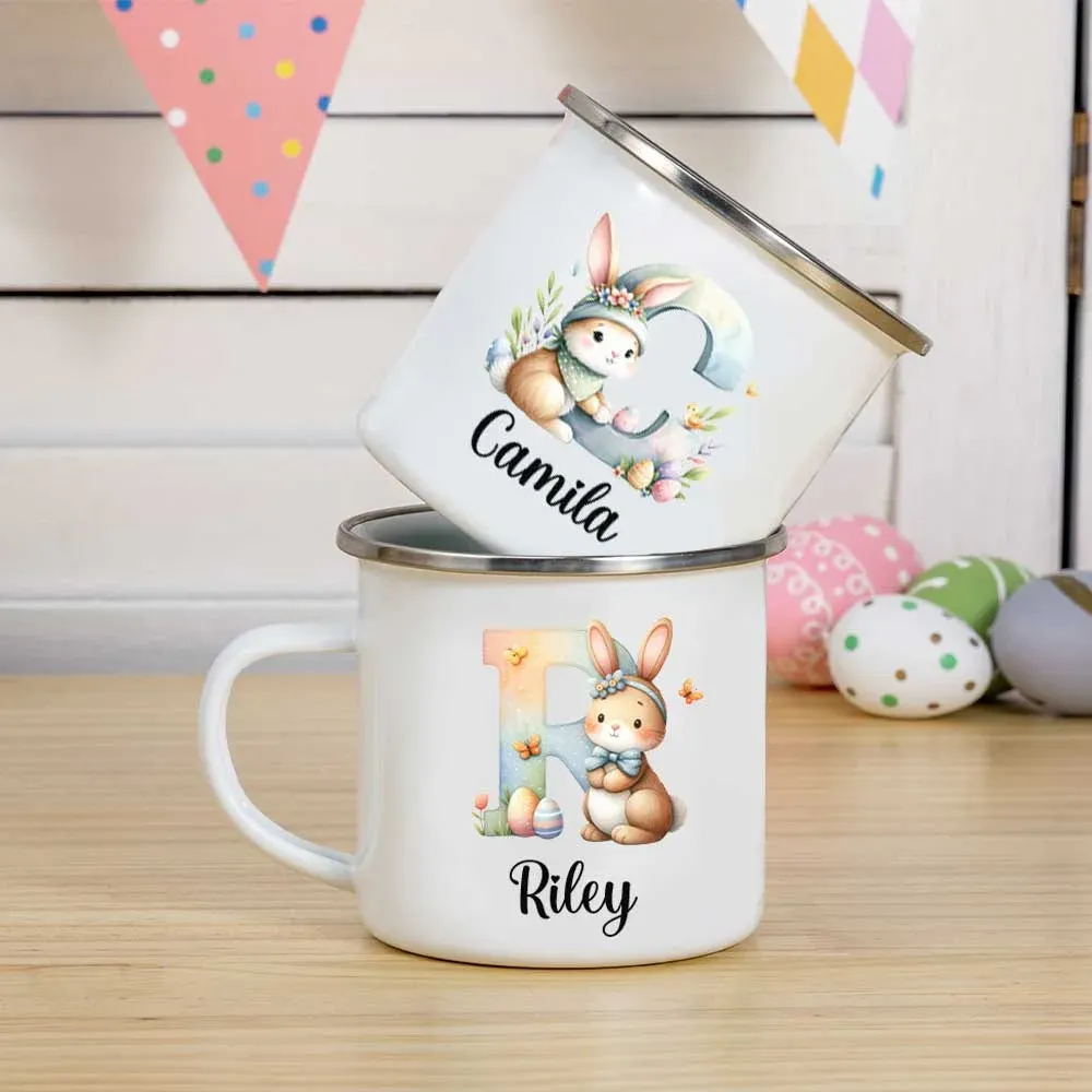 Personalized Cute Watercolor Easter Bunny Initial 11oz Enamel Mug with Name Birthday Easter Party Gift for Kids