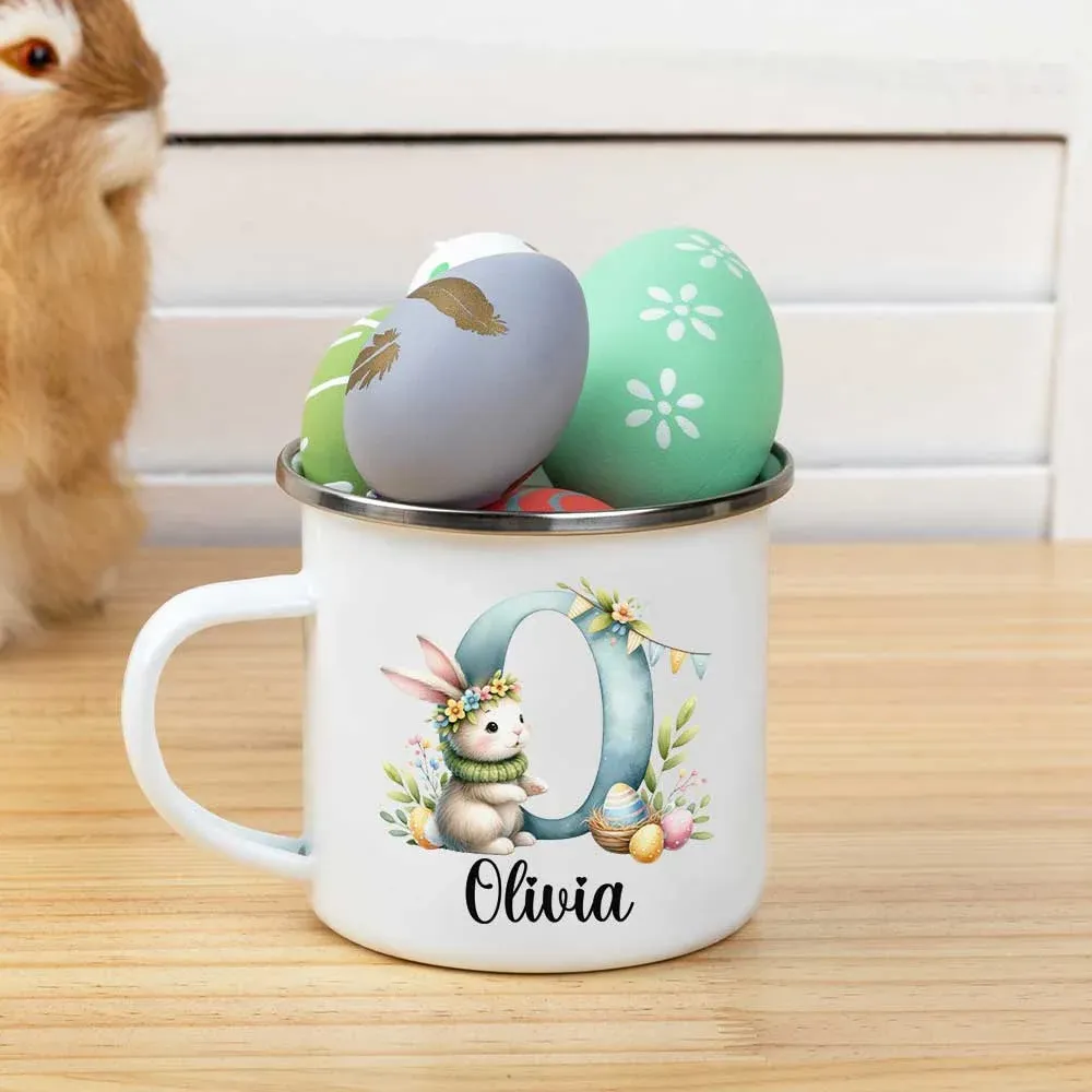 Personalized Cute Watercolor Easter Bunny Initial 11oz Enamel Mug with Name Birthday Easter Party Gift for Kids