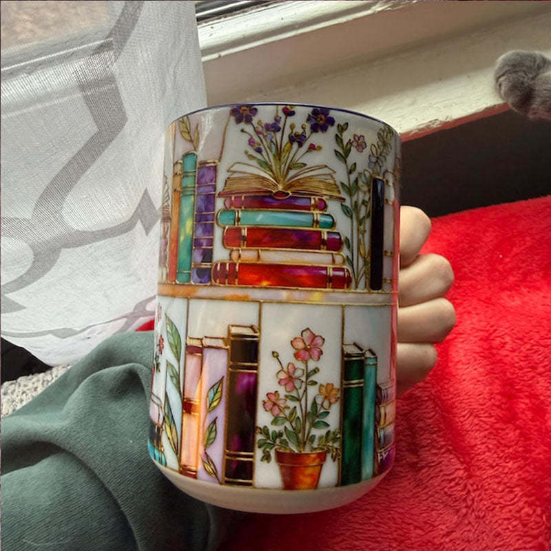 Stained-Glass Style Floral Bookshelf Mug