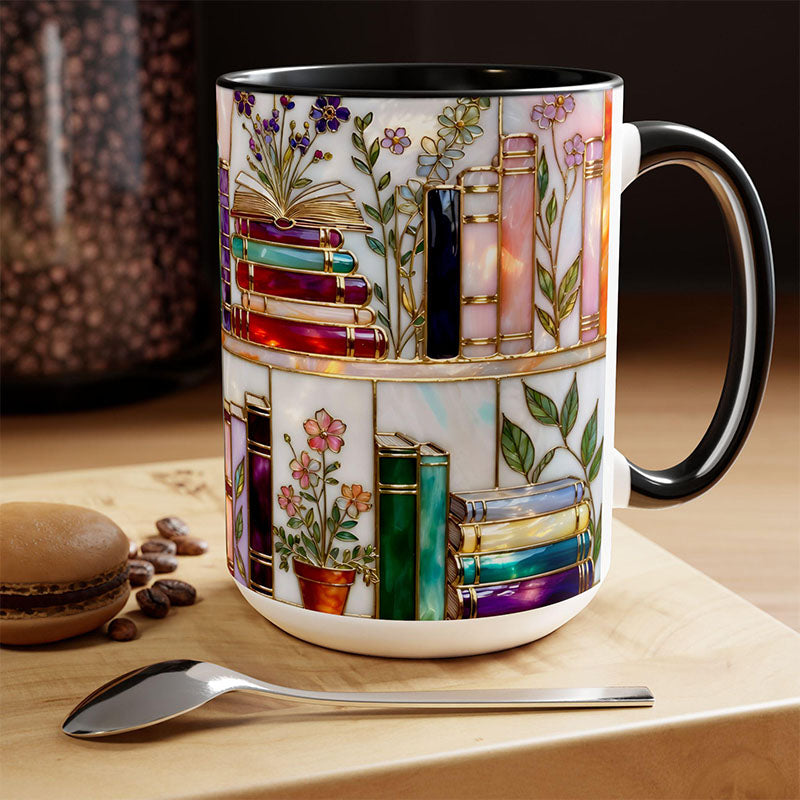 Stained-Glass Style Floral Bookshelf Mug