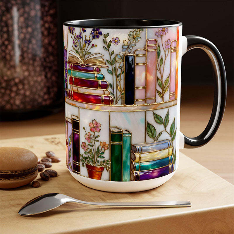 Stained-Glass Style Floral Bookshelf Mug