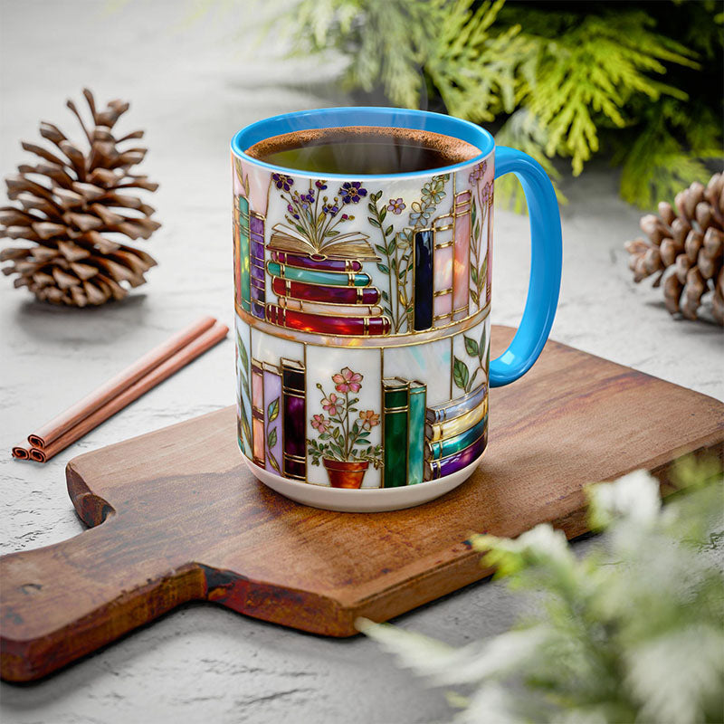 Stained-Glass Style Floral Bookshelf Mug