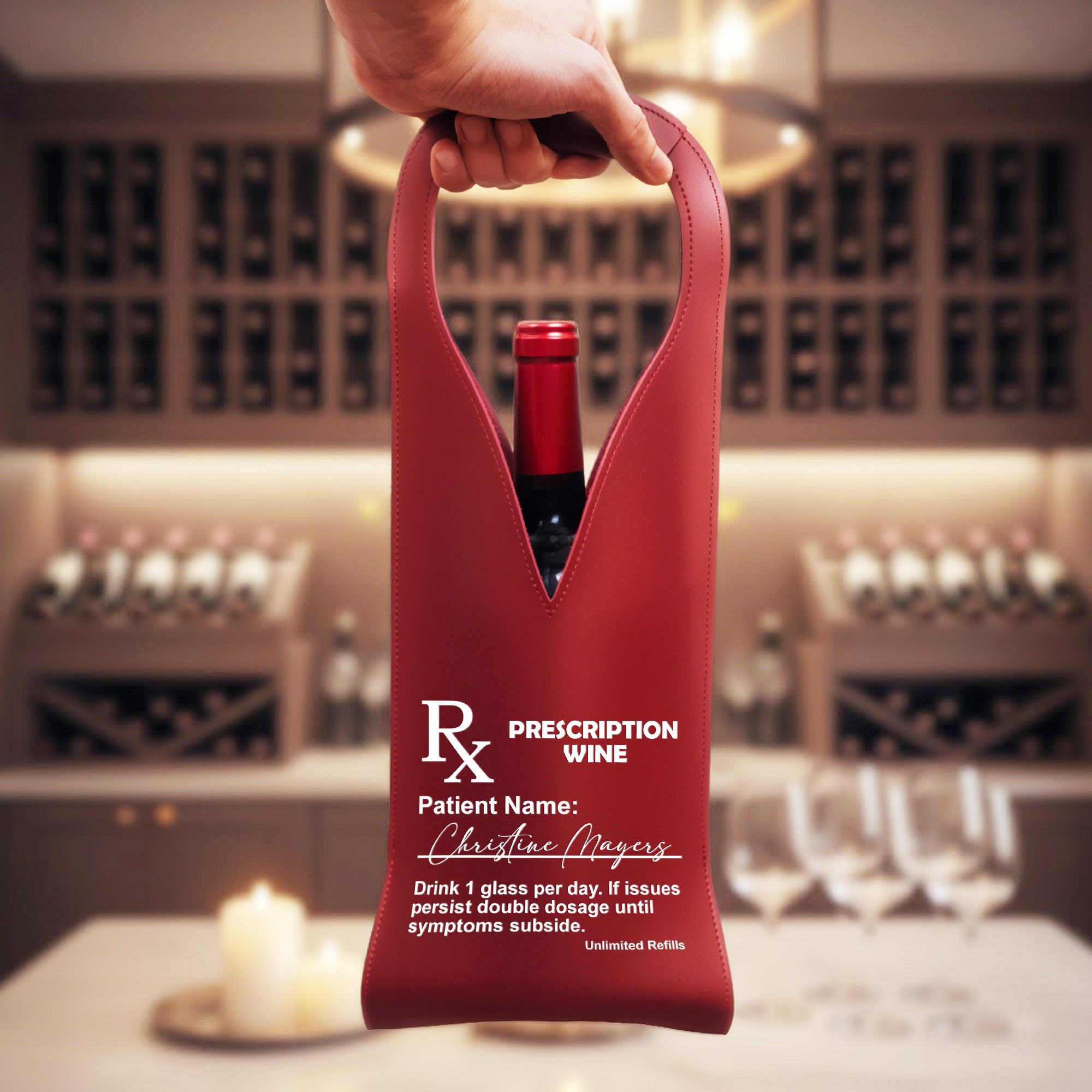 Prescription-Wine Funny Drink 1 Glass Per Day - For Him, Her - Personalized Leather Wine Bag 1