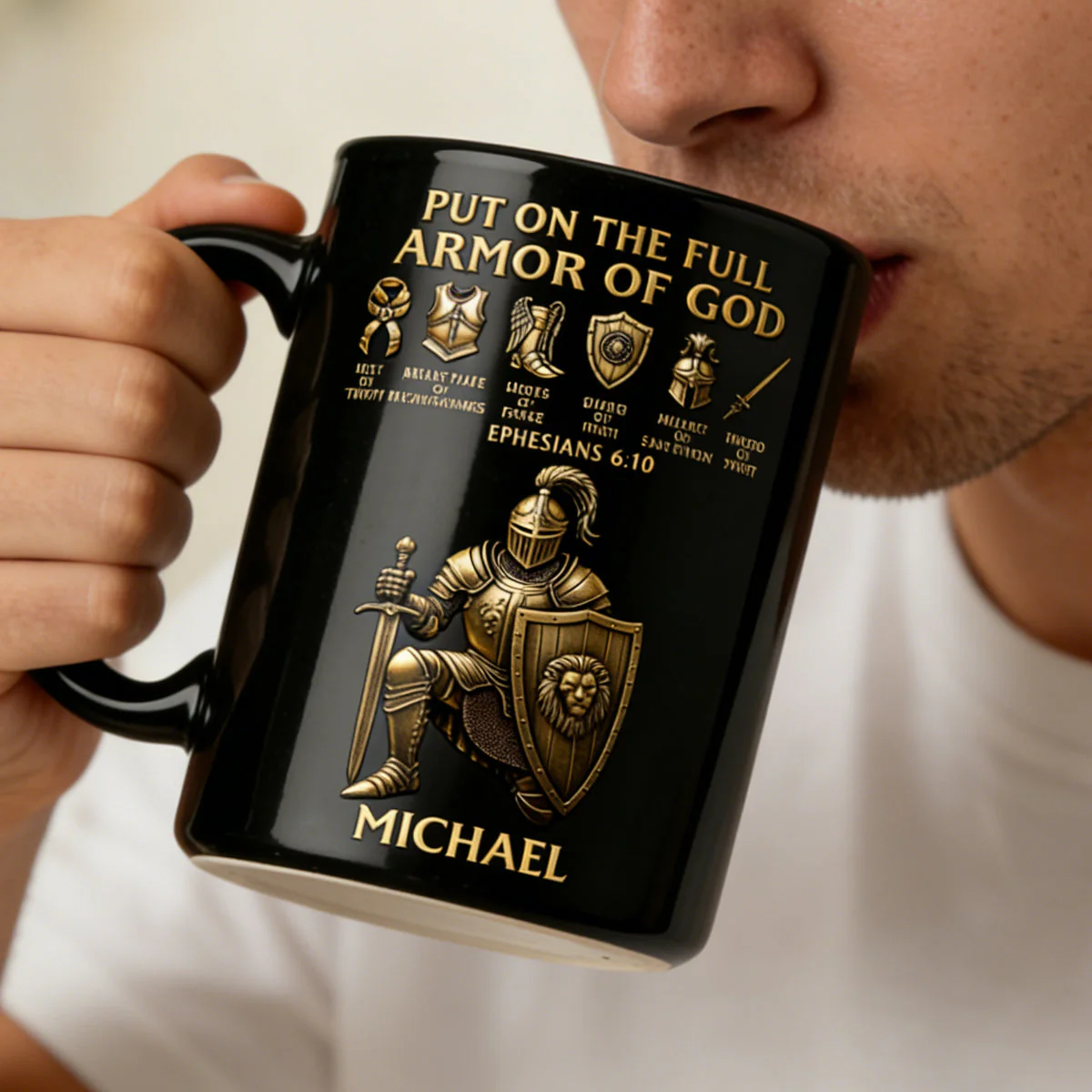 Put On The Full Amor Of God - Personalized Black Ceramic Mug