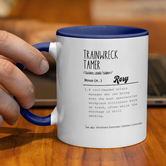 Personalized Workplace Humor Mug, Trainwreck Tamer Mug