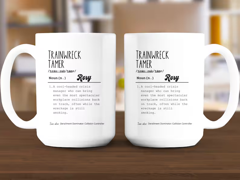 Personalized Workplace Humor Mug, Trainwreck Tamer Mug