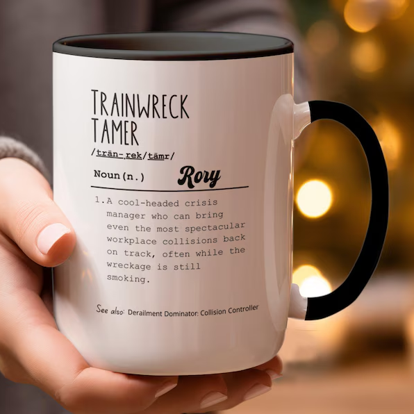 Personalized Workplace Humor Mug, Trainwreck Tamer Mug