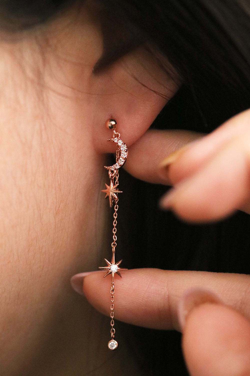Cubic Moon Drop Chain Earrings