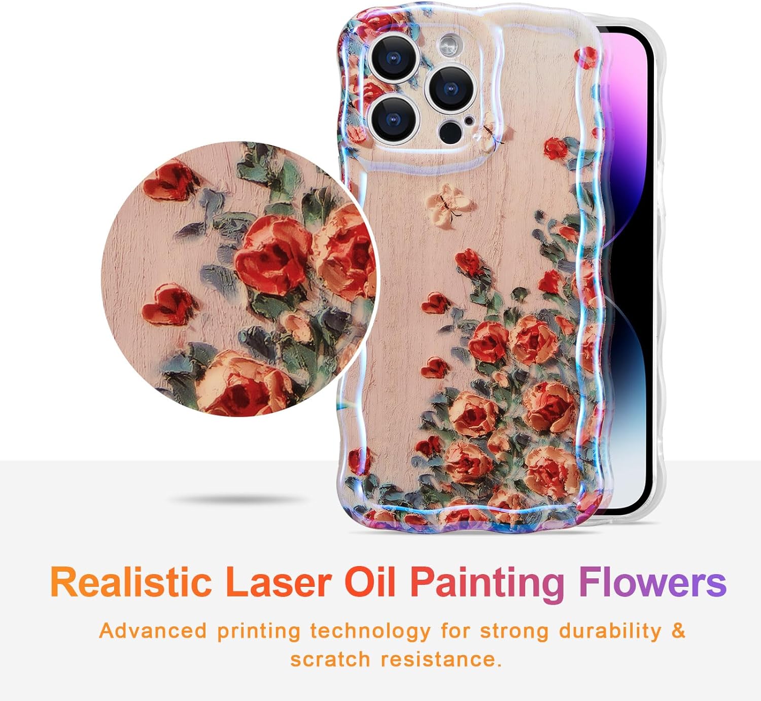Wellemp Case for iPhone 15 Pro Max, Colorful Retro Oil Painting Printed Flower Laser Glossy Pattern Cute Curly Wave Edge Exquisite Phone Cover Stylish Durable TPU Protective Case for Girls Women