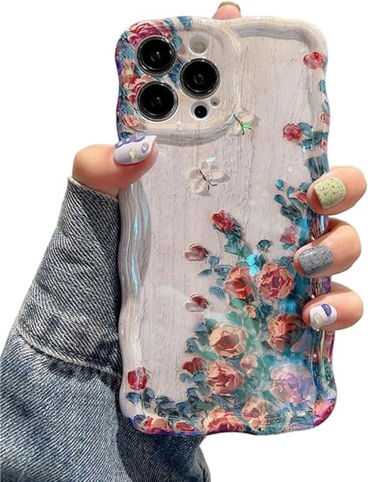 Wellemp Case for iPhone 15 Pro Max, Colorful Retro Oil Painting Printed Flower Laser Glossy Pattern Cute Curly Wave Edge Exquisite Phone Cover Stylish Durable TPU Protective Case for Girls Women