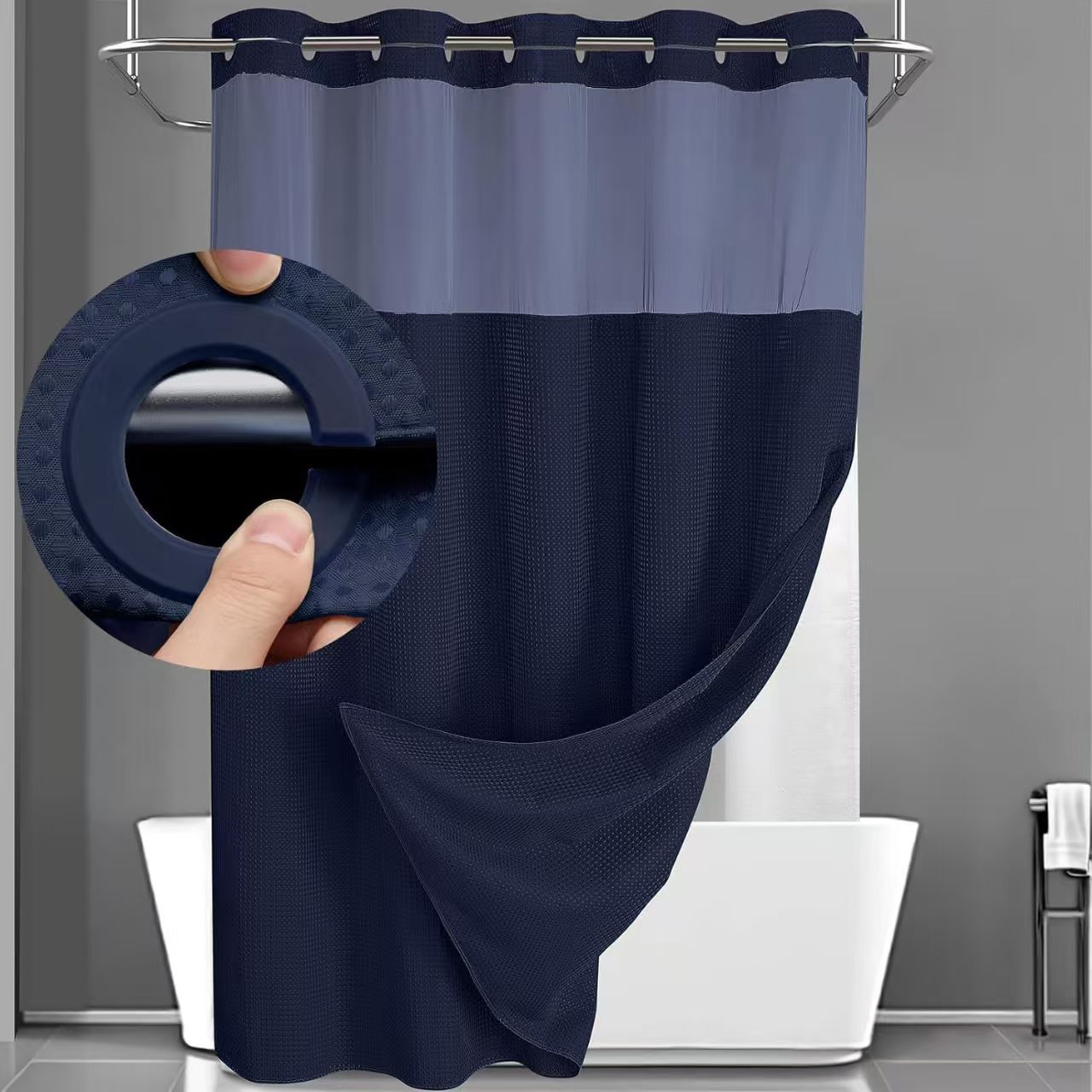 Waffle Pattern Shower Curtain, 1 Count Double Layer Waterproof Bathroom Curtain for Home Decor, Bathroom Accessories Removable Shower Curtain Panels with Snaps, Bathroom Supplies