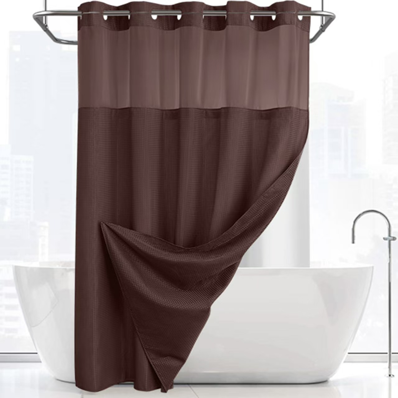Waffle Pattern Shower Curtain, 1 Count Double Layer Waterproof Bathroom Curtain for Home Decor, Bathroom Accessories Removable Shower Curtain Panels with Snaps, Bathroom Supplies