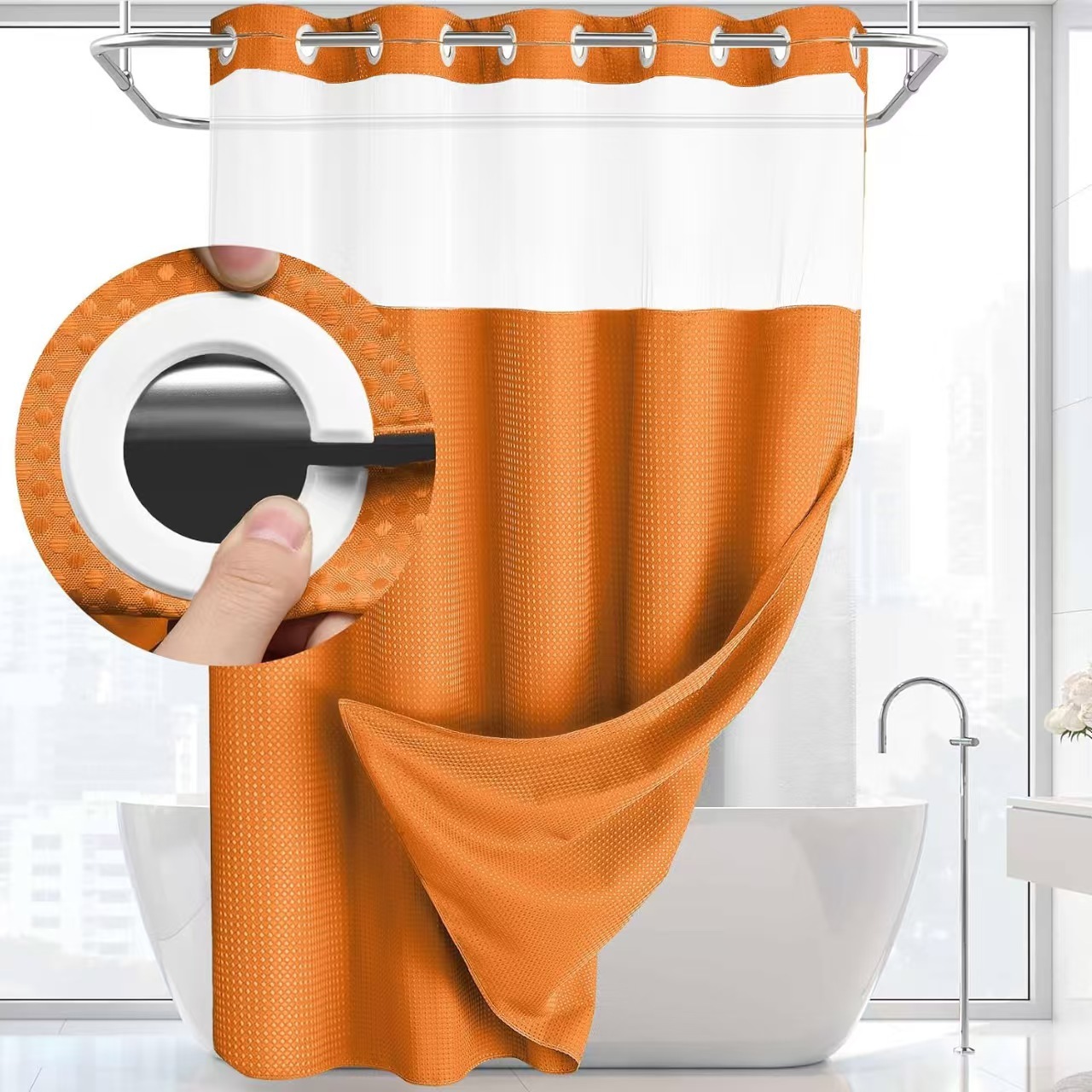 Waffle Pattern Shower Curtain, 1 Count Double Layer Waterproof Bathroom Curtain for Home Decor, Bathroom Accessories Removable Shower Curtain Panels with Snaps, Bathroom Supplies