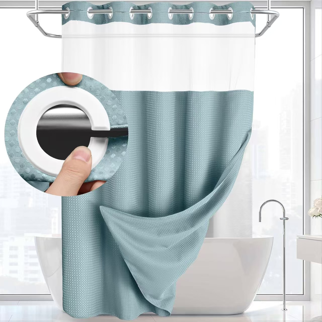 Waffle Pattern Shower Curtain, 1 Count Double Layer Waterproof Bathroom Curtain for Home Decor, Bathroom Accessories Removable Shower Curtain Panels with Snaps, Bathroom Supplies