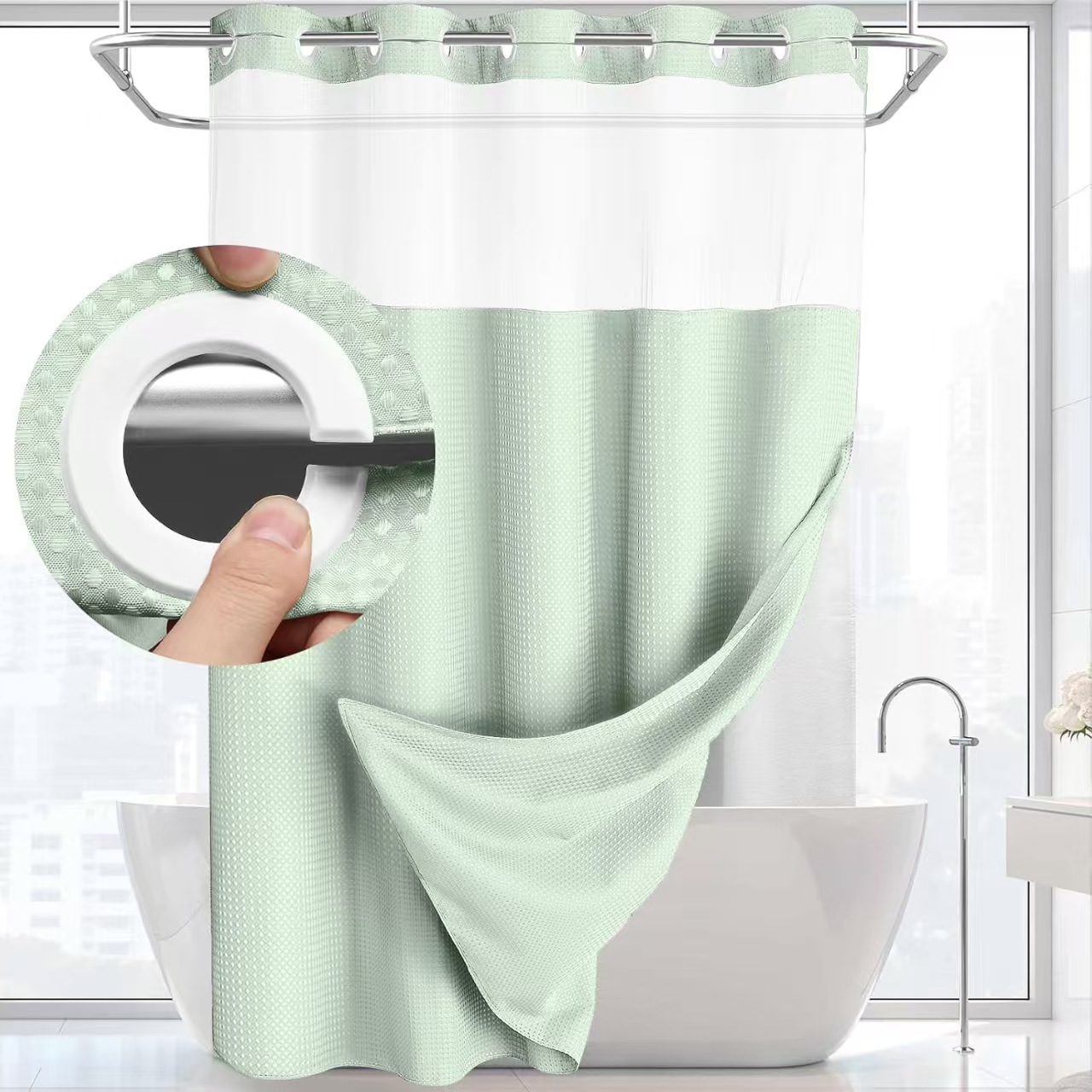 Waffle Pattern Shower Curtain, 1 Count Double Layer Waterproof Bathroom Curtain for Home Decor, Bathroom Accessories Removable Shower Curtain Panels with Snaps, Bathroom Supplies