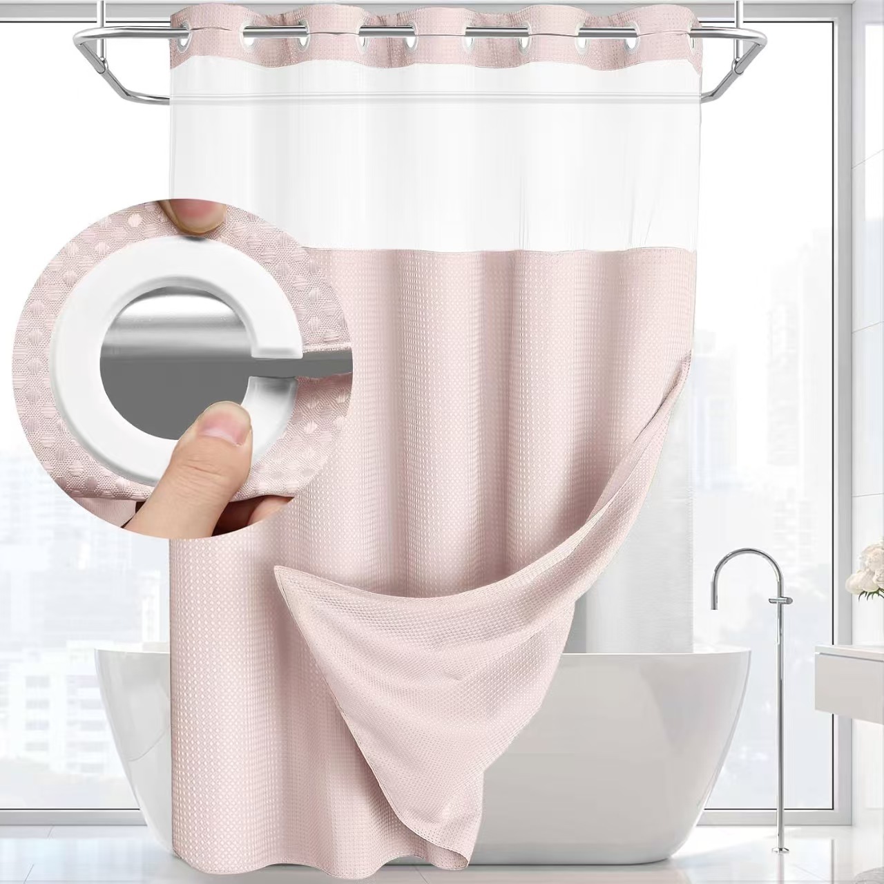 Waffle Pattern Shower Curtain, 1 Count Double Layer Waterproof Bathroom Curtain for Home Decor, Bathroom Accessories Removable Shower Curtain Panels with Snaps, Bathroom Supplies