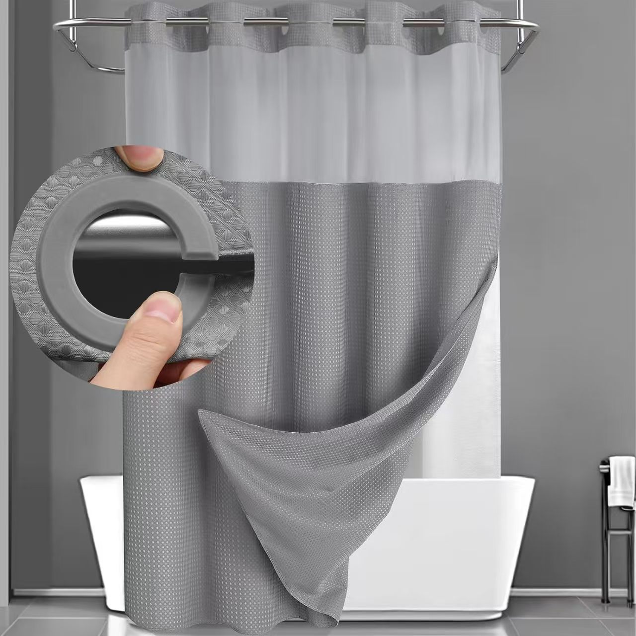 Waffle Pattern Shower Curtain, 1 Count Double Layer Waterproof Bathroom Curtain for Home Decor, Bathroom Accessories Removable Shower Curtain Panels with Snaps, Bathroom Supplies