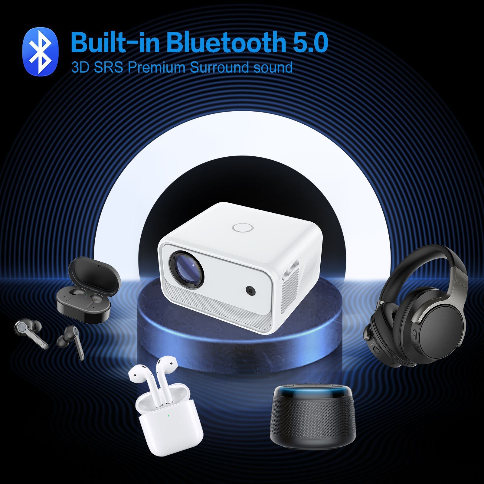 Smart 4K Projector, Mini Projector with 2.4G 5G Wi Fi and Bluetooth 5.0, Support Auto Trapezoidal Correction and Short Focus Projection, for Home Theater