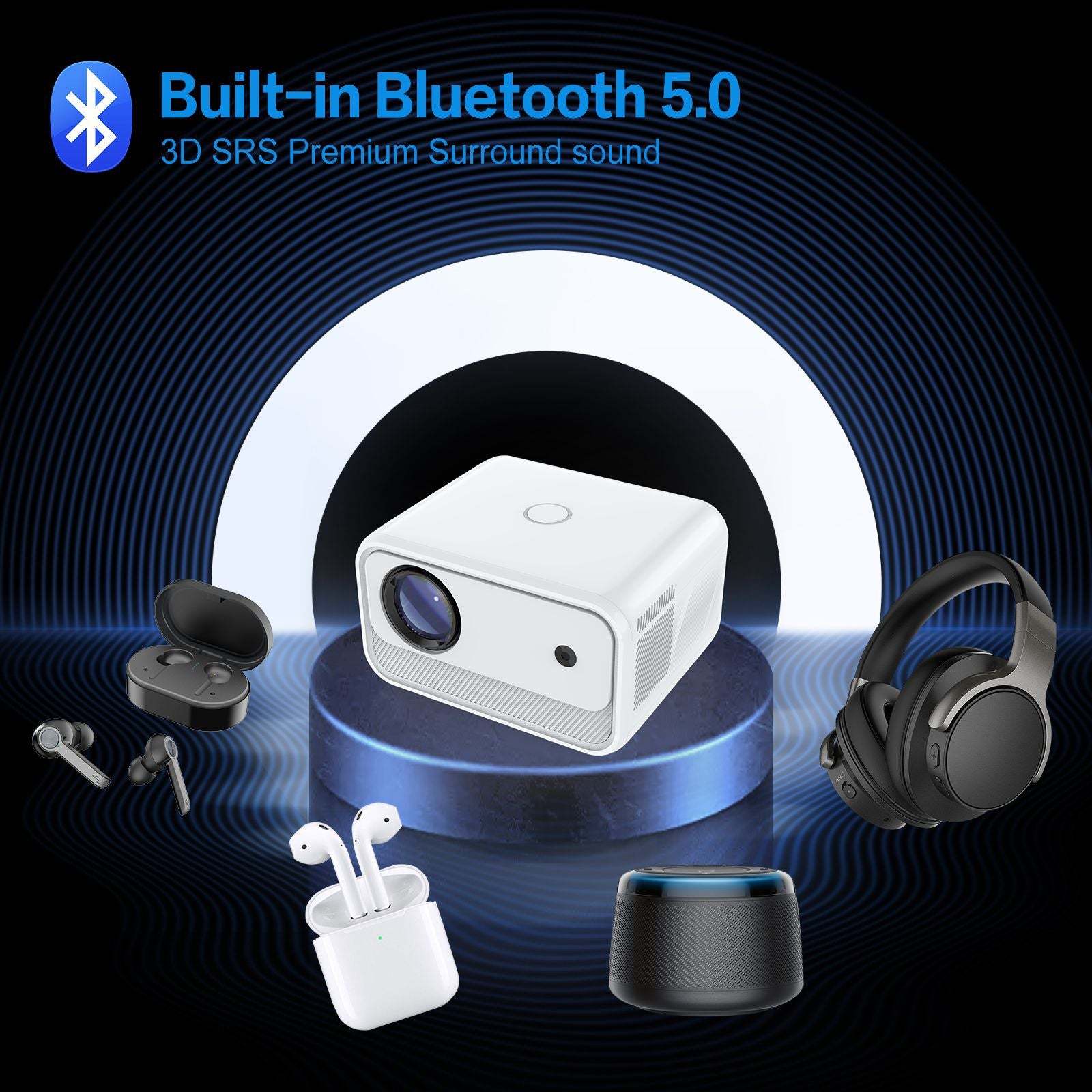 Smart 4K Projector, Mini Projector with 2.4G 5G Wi Fi and Bluetooth 5.0, Support Auto Trapezoidal Correction and Short Focus Projection, for Home Theater