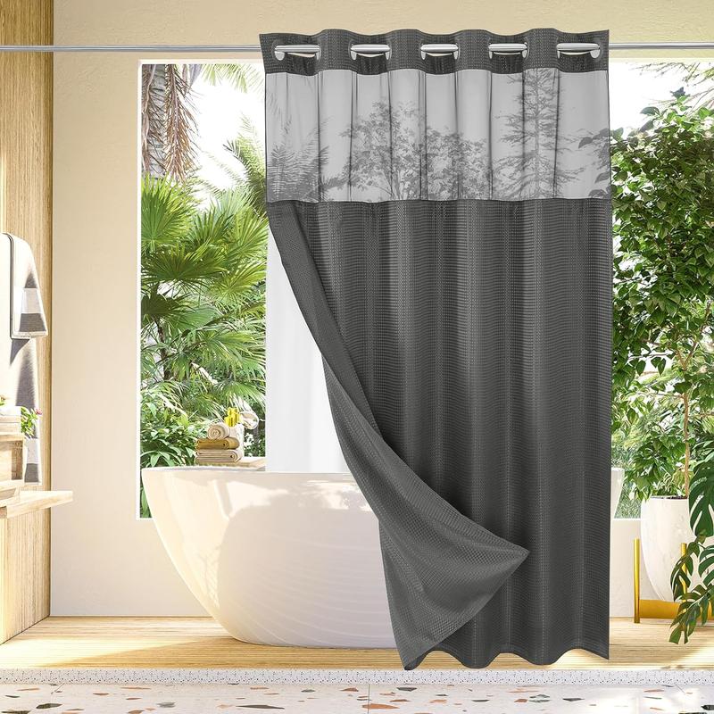 Waffle Pattern Shower Curtain, 1 Count Double Layer Waterproof Bathroom Curtain for Home Decor, Bathroom Accessories Removable Shower Curtain Panels with Snaps, Bathroom Supplies