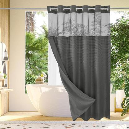 Waffle Pattern Shower Curtain, 1 Count Double Layer Waterproof Bathroom Curtain for Home Decor, Bathroom Accessories Removable Shower Curtain Panels with Snaps, Bathroom Supplies