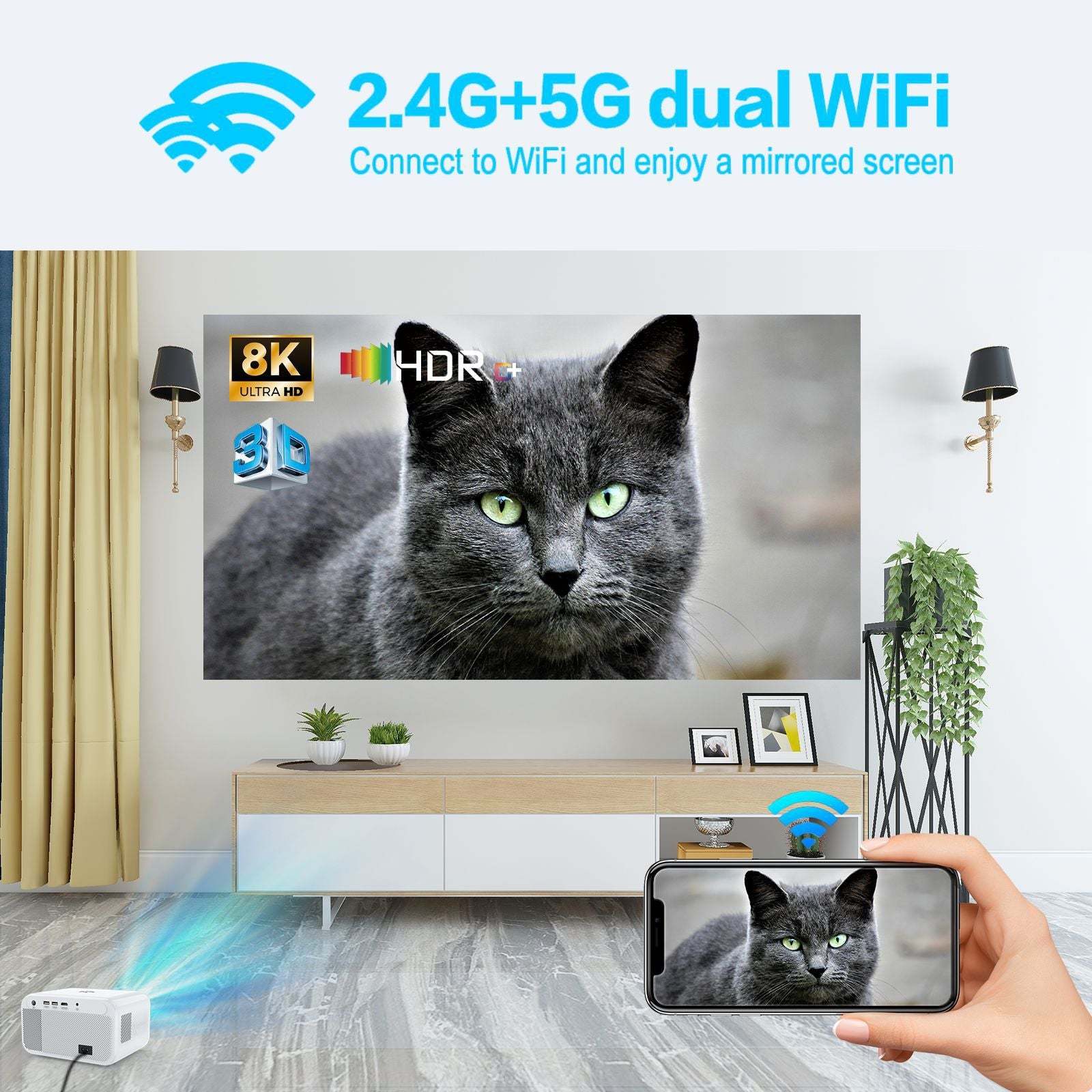 Smart 4K Projector, Mini Projector with 2.4G 5G Wi Fi and Bluetooth 5.0, Support Auto Trapezoidal Correction and Short Focus Projection, for Home Theater
