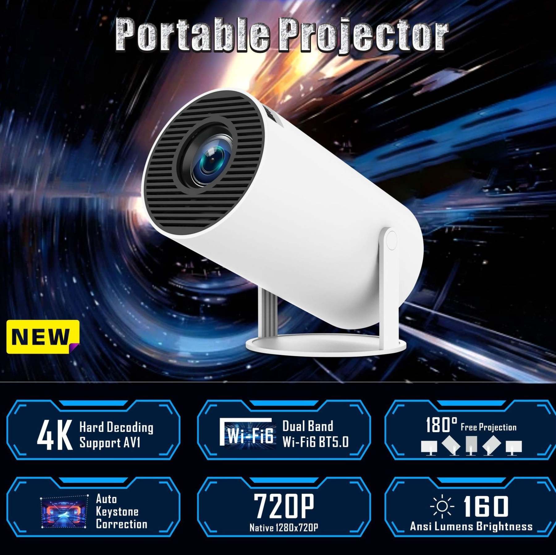Mini Projector 4K 1080P Support, Portable Projector WiFi6 BT 5.0 Android 11, Smart Projector Auto Horizontal Correction,180°Rotatable Outdoor Movie Projector Compatible with Phone
