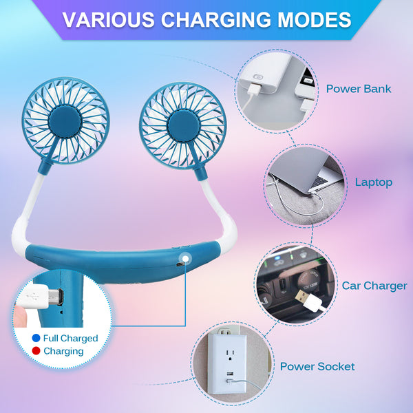 Hand-Free Neck Wearable Fan, 7 LED Lights, Fragrant Wind Rechargeable USB Mini Fan for Sports Outdoor Home