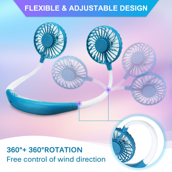 Hand-Free Neck Wearable Fan, 7 LED Lights, Fragrant Wind Rechargeable USB Mini Fan for Sports Outdoor Home