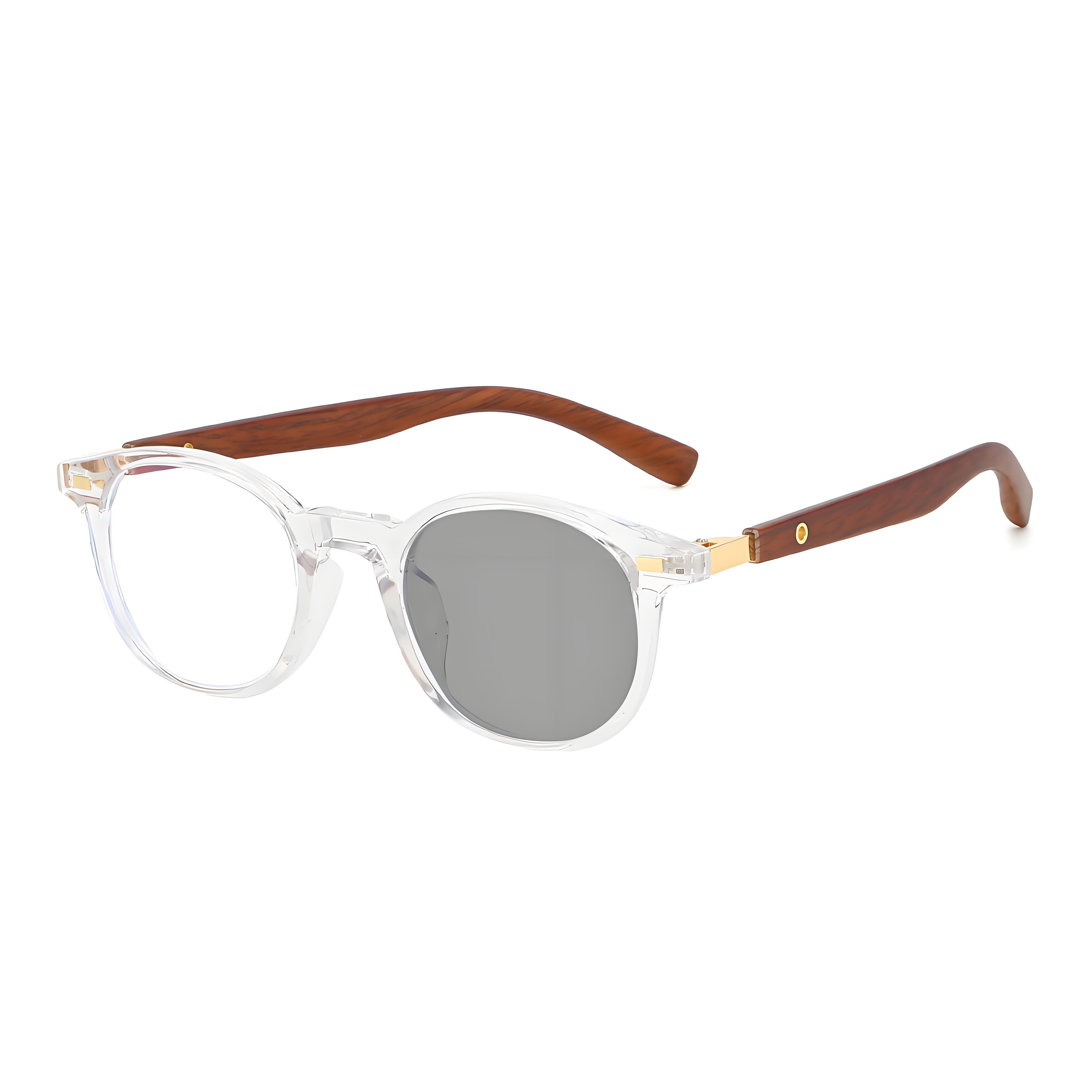 ROUND-FRAME, RETRO WOOD-GRAIN, PHOTOCHROMIC MULTIFOCAL GLASSES