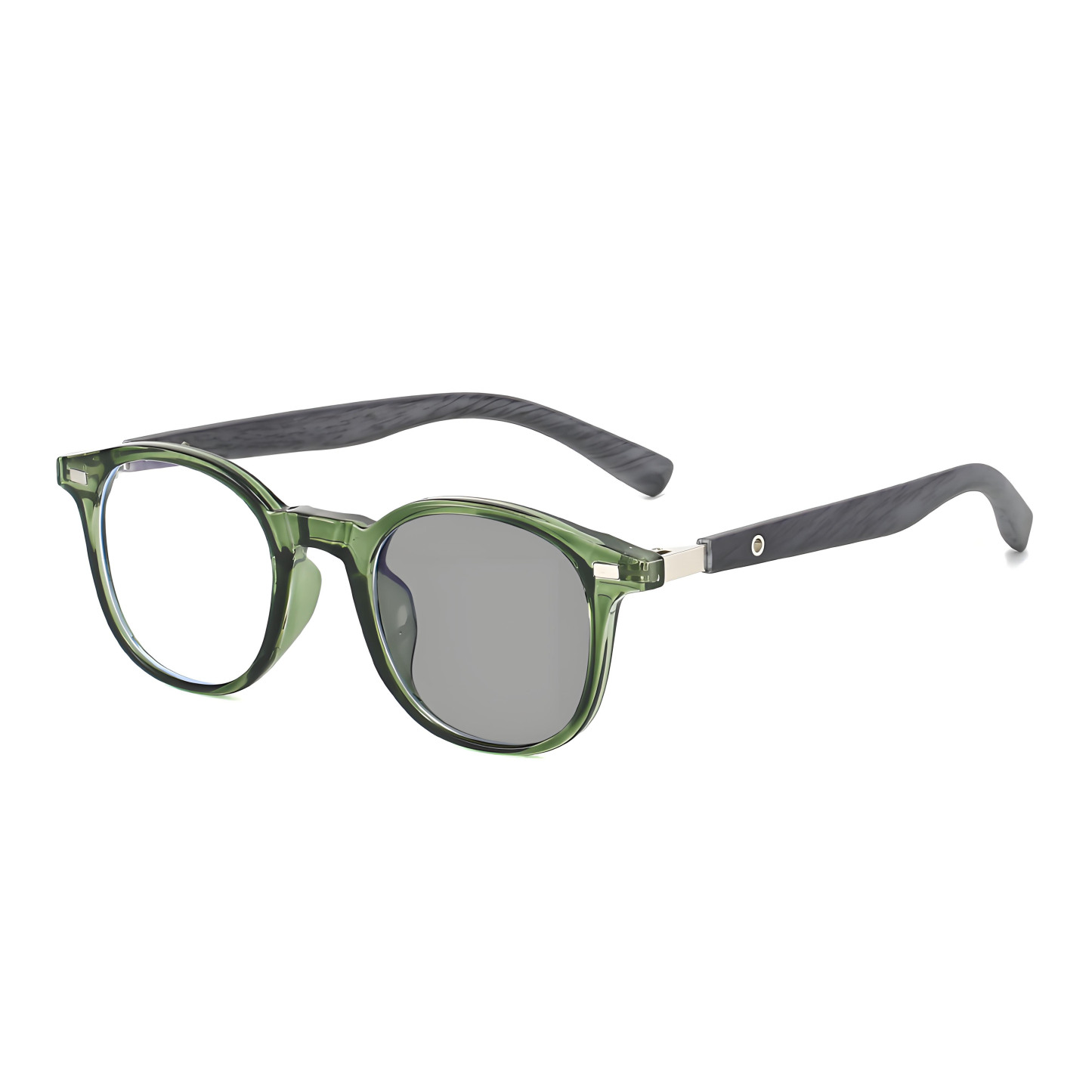 ROUND-FRAME, RETRO WOOD-GRAIN, PHOTOCHROMIC MULTIFOCAL GLASSES
