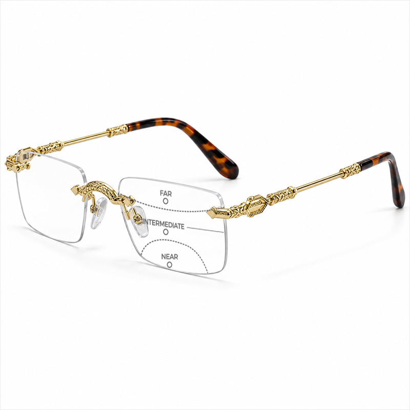 MEN’S RIMLESS READING GLASSES WITH SCULPTED GOLD-TONE DETAILS