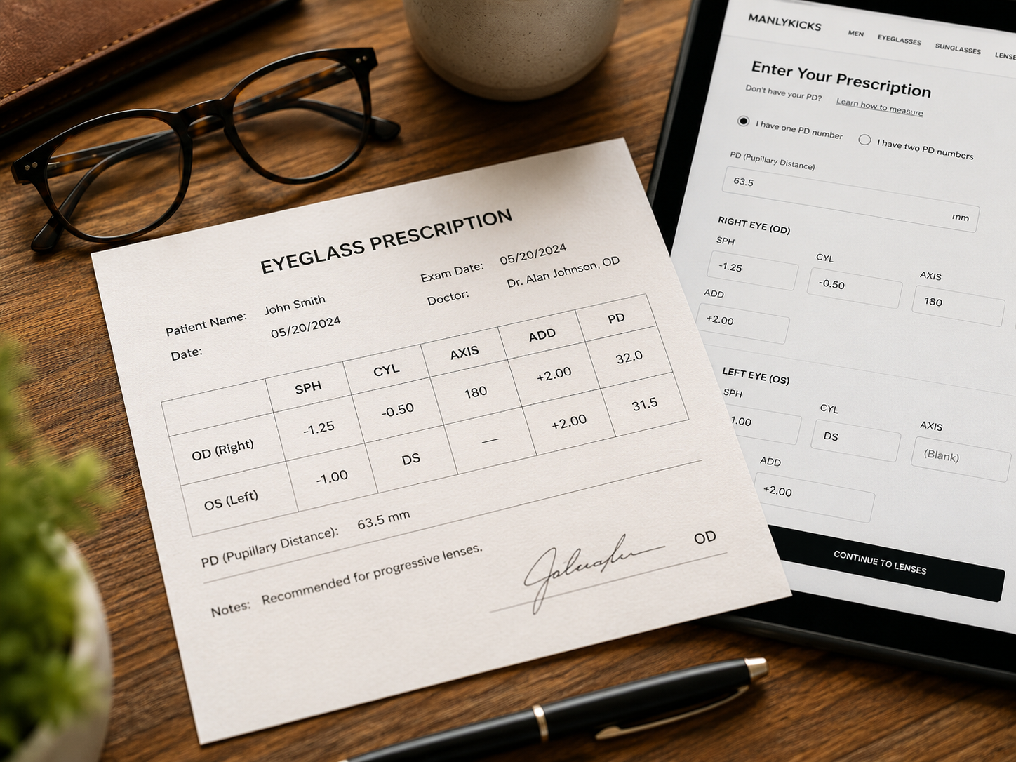 Clean eyeglass prescription paper and online order form