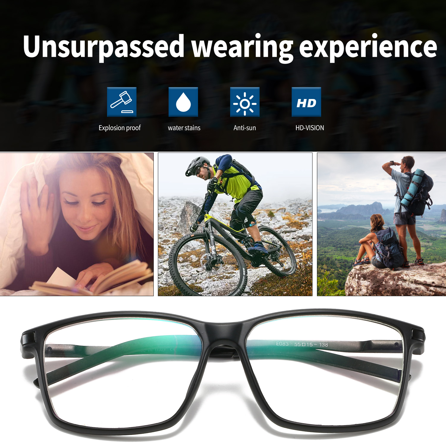 SIMPLE SQUARE-FRAME PHOTOCHROMIC MULTIFOCAL READING GLASSES