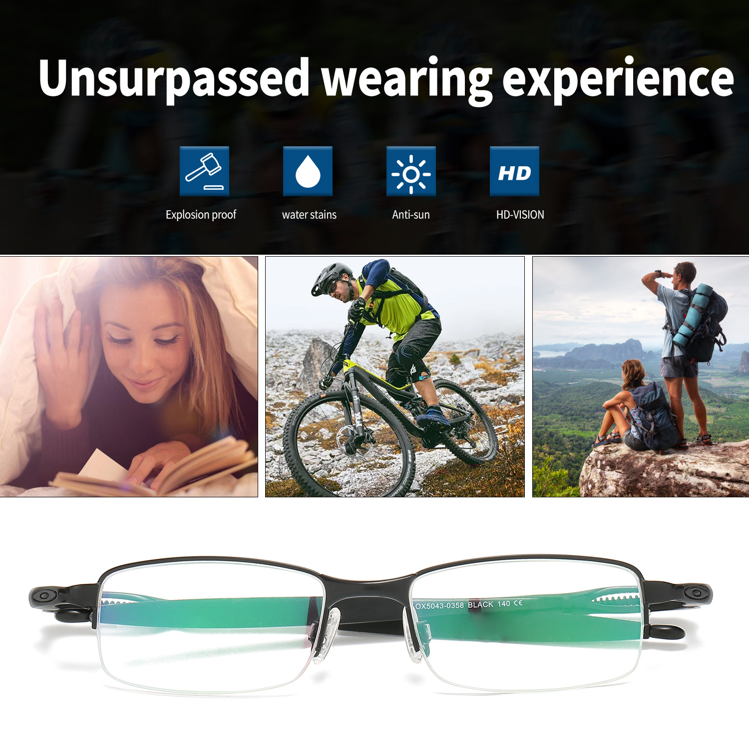 SPRING-LOADED SEMI-RIMLESS PHOTOCHROMIC MULTIFOCAL READING GLASSES