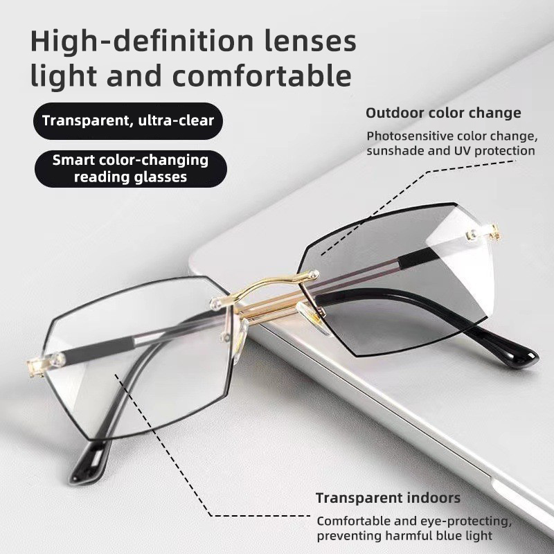 FASHIONABLE FRAMELESS CUT-EDGE ANTI-BLUE LIGHT COLOR CHANGING GLASSES