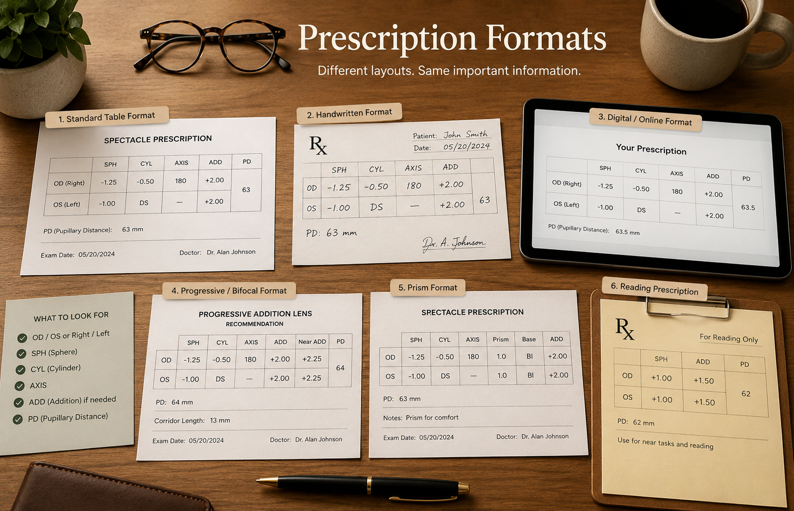 Multiple eyeglass prescription formats on warm desk