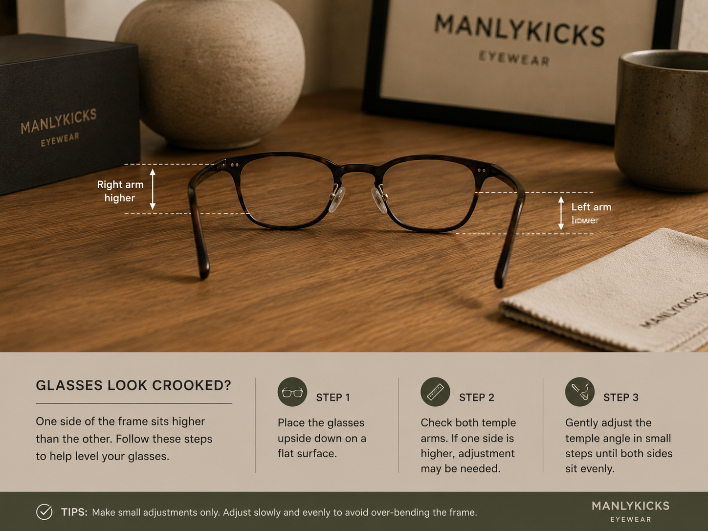 Crooked glasses on flat surface showing uneven temple arms