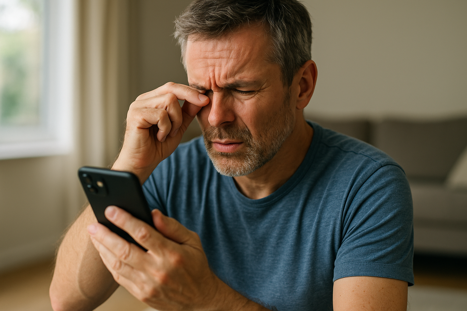 Middle-aged man squinting at phone