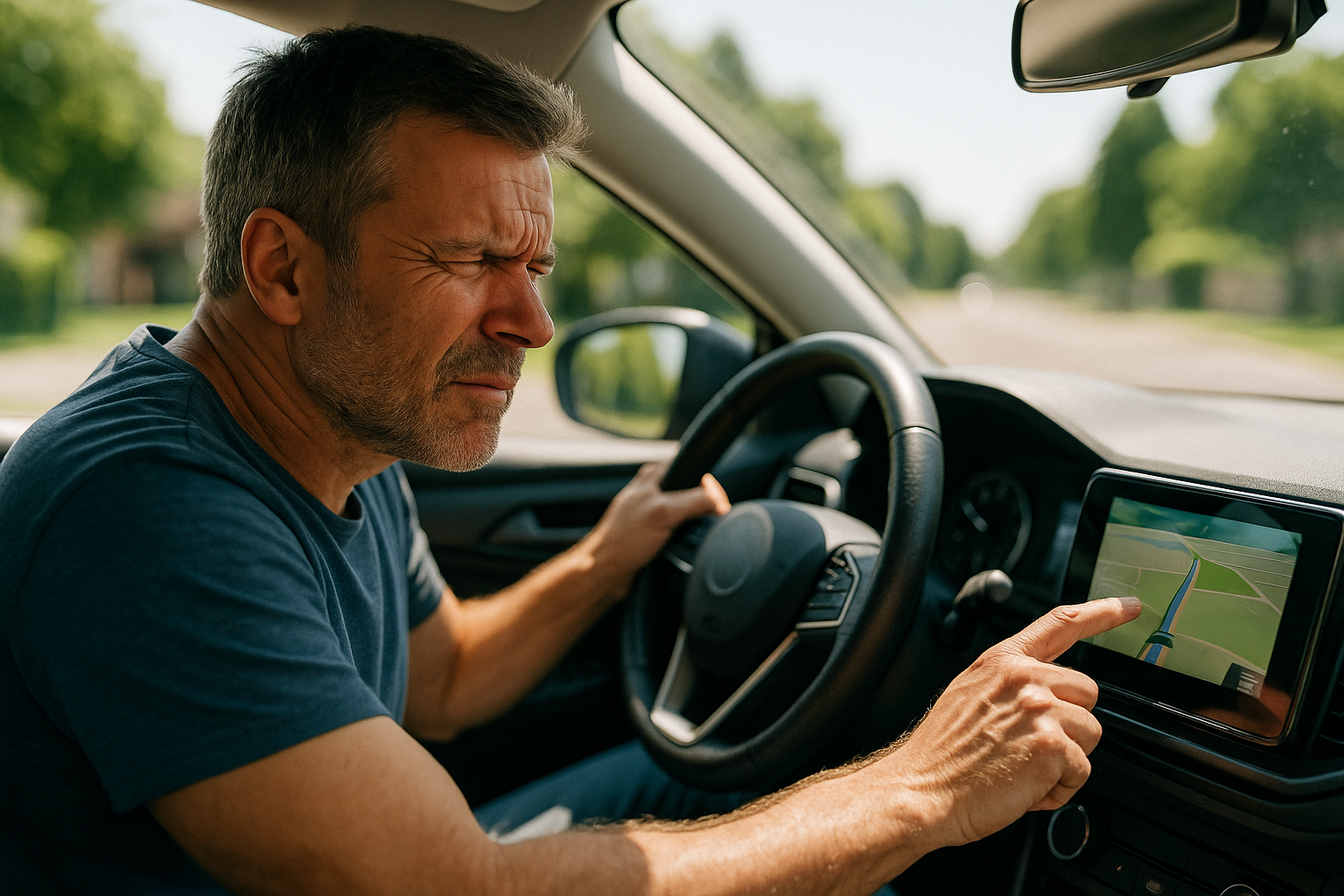 Middle-aged man squinting at navigation screen while driving