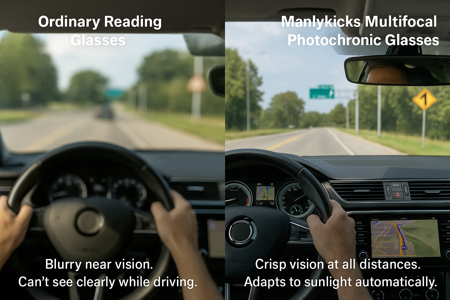 Driving view comparison: ordinary reading glasses vs multifocal photochromic glasses