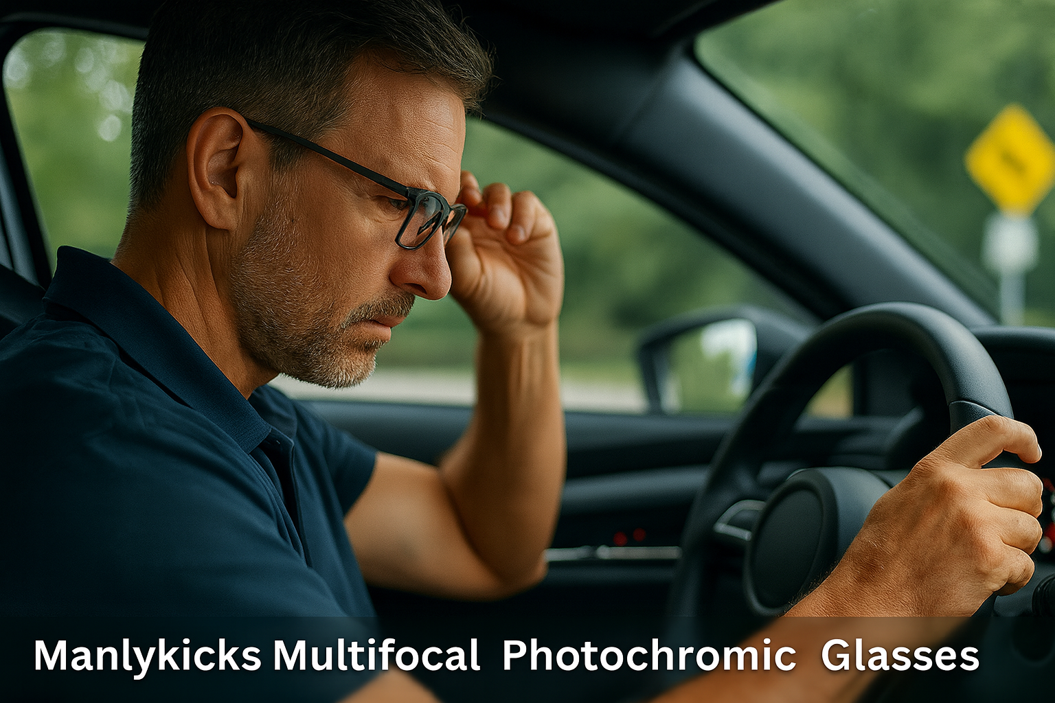 Man wearing Manlykicks photochromic multifocal glasses while driving