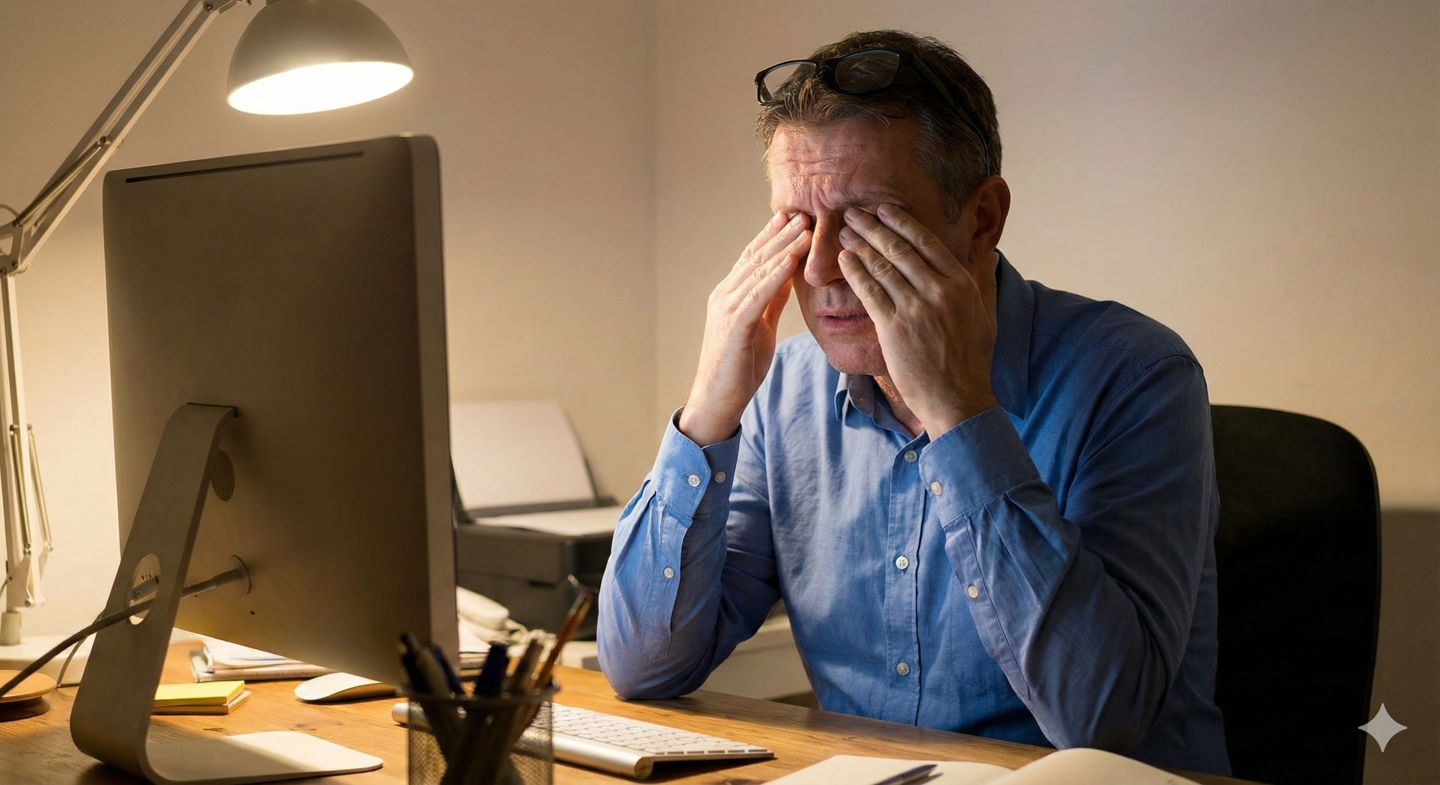 Man suffering from eye strain at computer