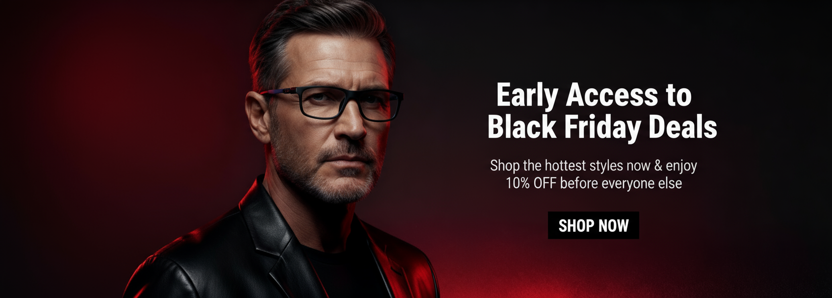 Middle-aged man wearing Manlykicks multifunctional reading glasses in a Black Friday early access promotional banner.