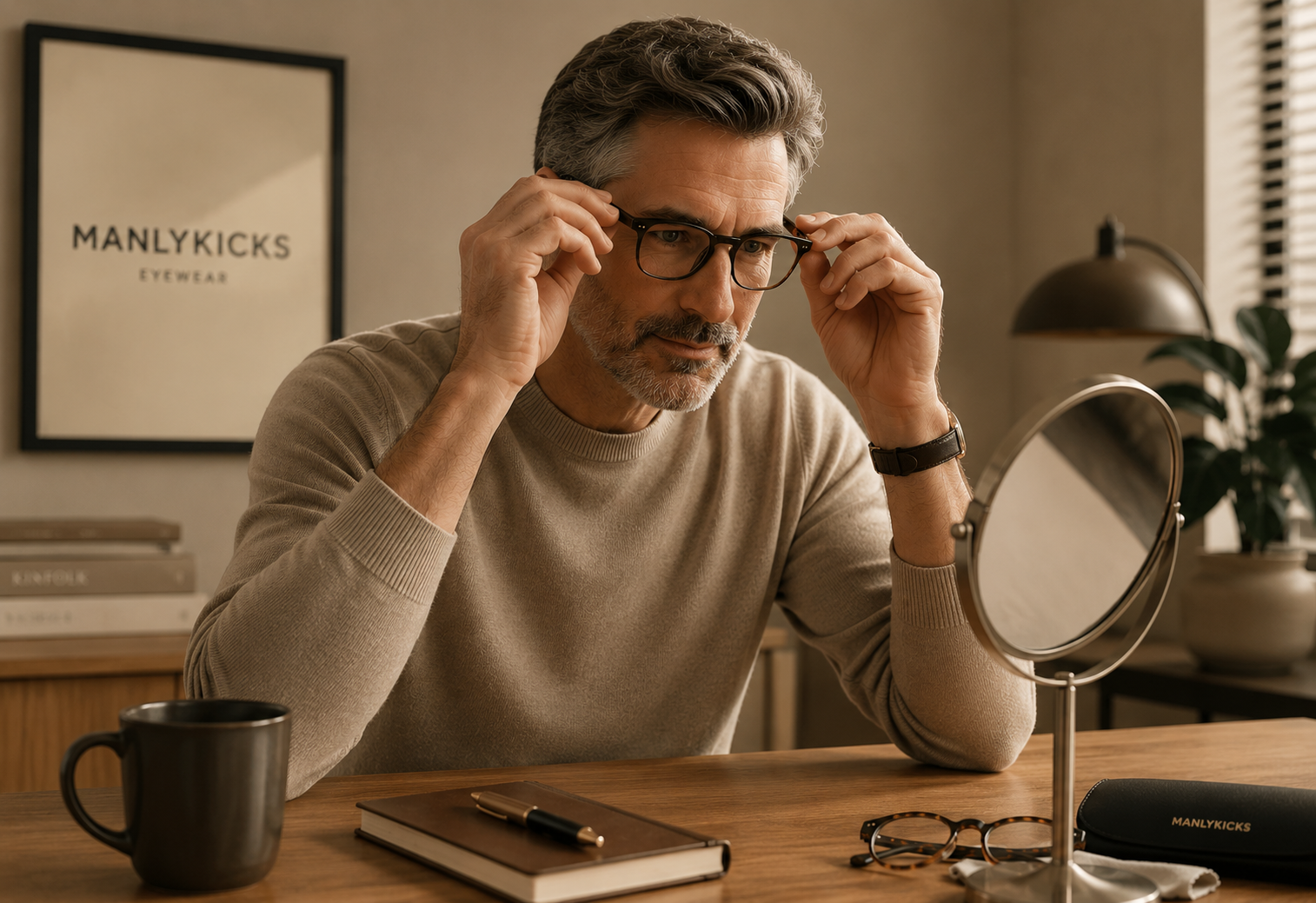 Man gently adjusting eyeglasses at home