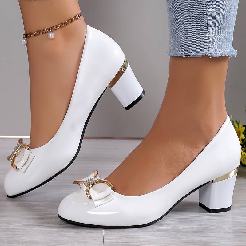 womens bowknot chunky heels rhinestone decor patent leather heels fashion office work pumps details 8