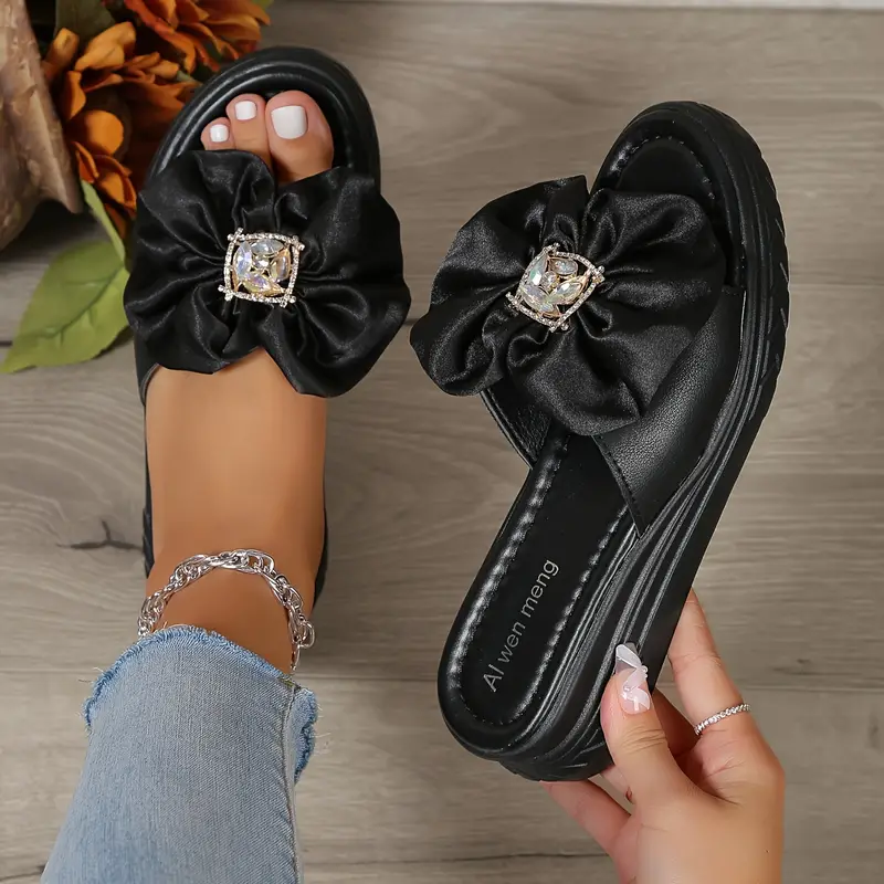 womens rhinestone bow decor slides open toe slip on slide sandals fashion summer outdoor slide shoes details 6