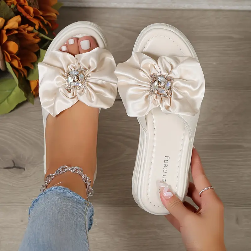 womens rhinestone bow decor slides open toe slip on slide sandals fashion summer outdoor slide shoes details 5