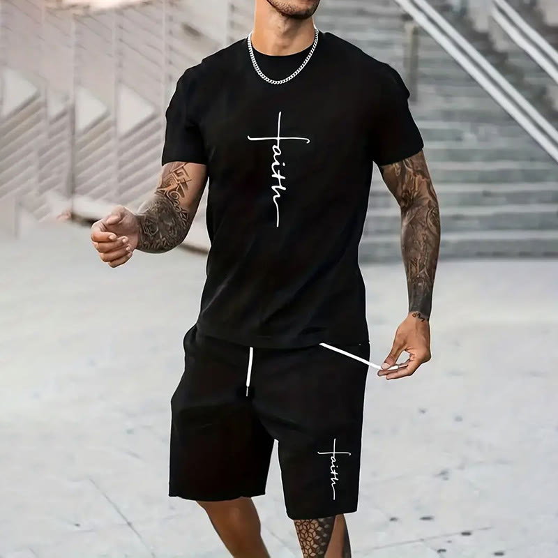 Summer Men's Faith Letter Cross Print Short Sleeve T-shirt & Shorts Set
