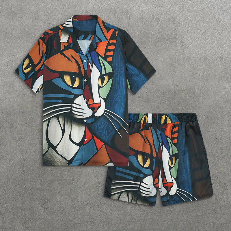 Retro Abstract Colorblock Cat Art Print Short Sleeve Camp Collar Shirt Set